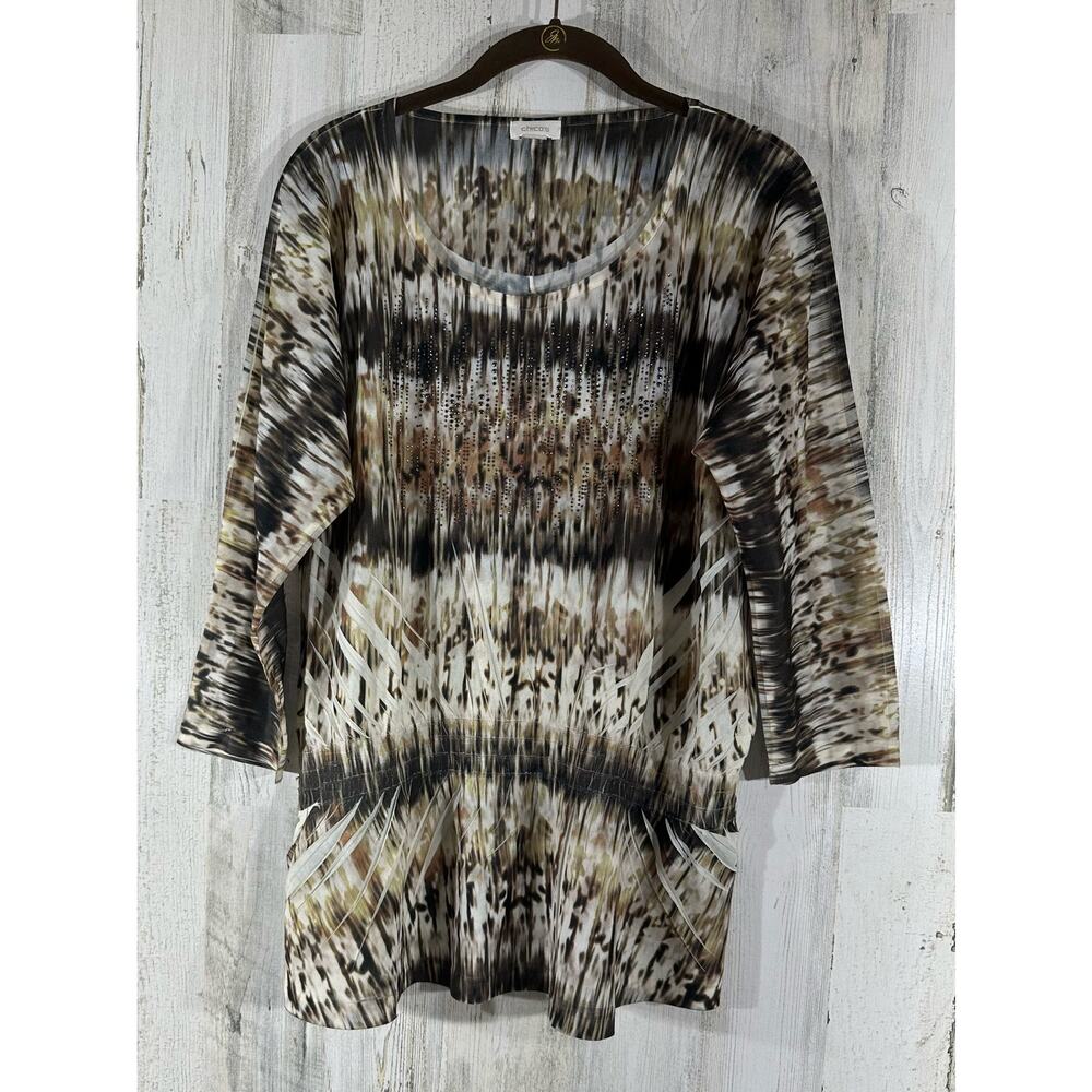 Chicos Shirt TunicSize 1 Medium Brown Tie Dye Gauzy Rhinestones READ